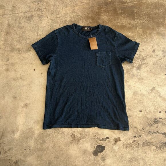 NWT RRL Double RL Shirt Mens L Short Sleeve Crewneck Pocket Pullover Tee Navy - Picture 1 of 2
